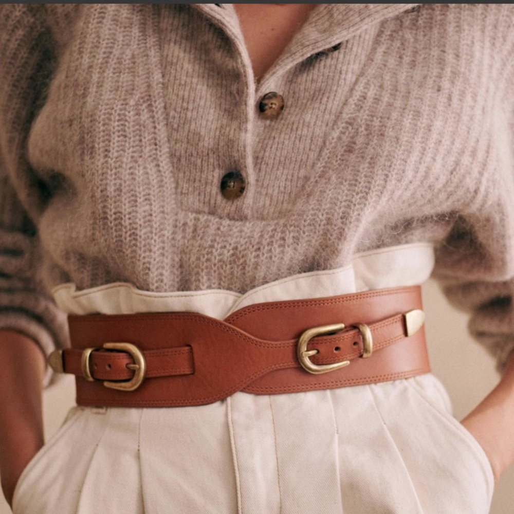 SEZANE Ceinture Gisele Brown Leather Double-Buckle Belt Gold Hardware NEW T 90